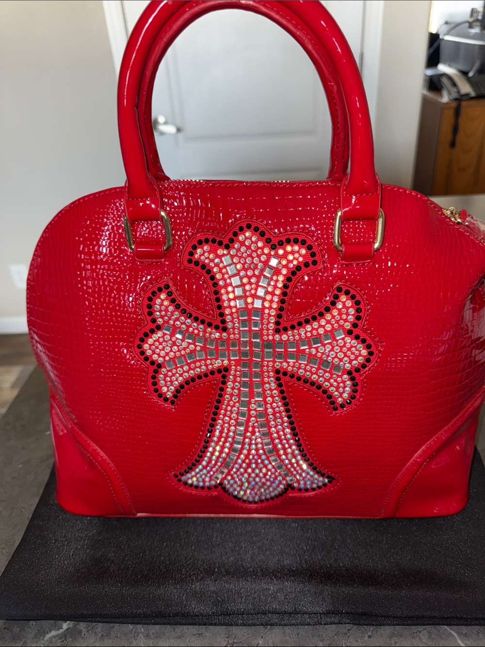 Red Patent Satchel with Crystal Cross Embellishment
